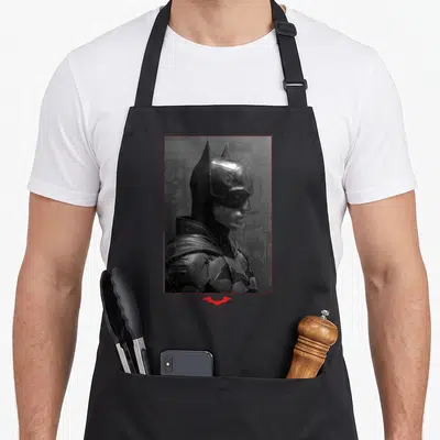 Tablier de cuisine noir avec portrait usé de The Batman et logo rouge en bas.