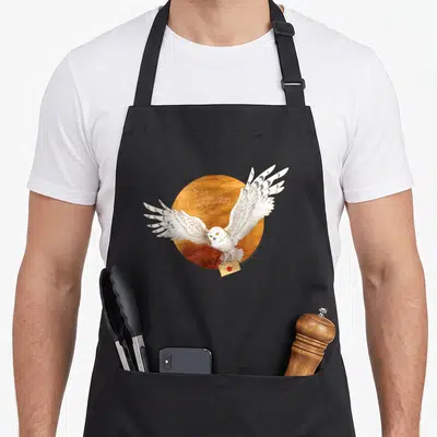 Tablier de cuisine noir avec illustration d'un hibou blanc aux ailes déployées devant un disque doré portant le nom Hedwig et tenant une enveloppe.