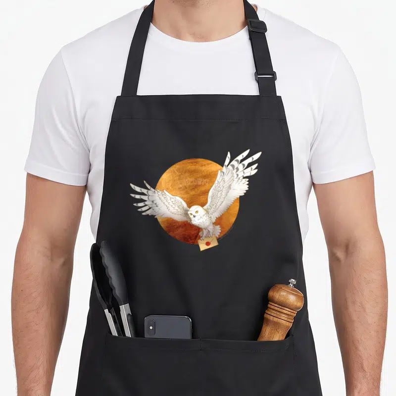 Tablier de cuisine noir avec illustration d'un hibou blanc aux ailes déployées devant un disque doré portant le nom Hedwig et tenant une enveloppe.