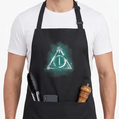 Tablier de cuisine noir avec le symbole triangulaire blanc des Reliques de la Mort entouré de fumée turquoise.