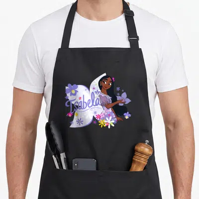 Tablier de cuisine noir avec illustration d'Isabela entourée de fleurs et son nom en violet