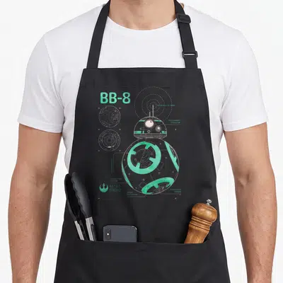 Tablier de cuisine noir avec le plan technique du robot BB-8 en bleu vert et des annotations techniques.