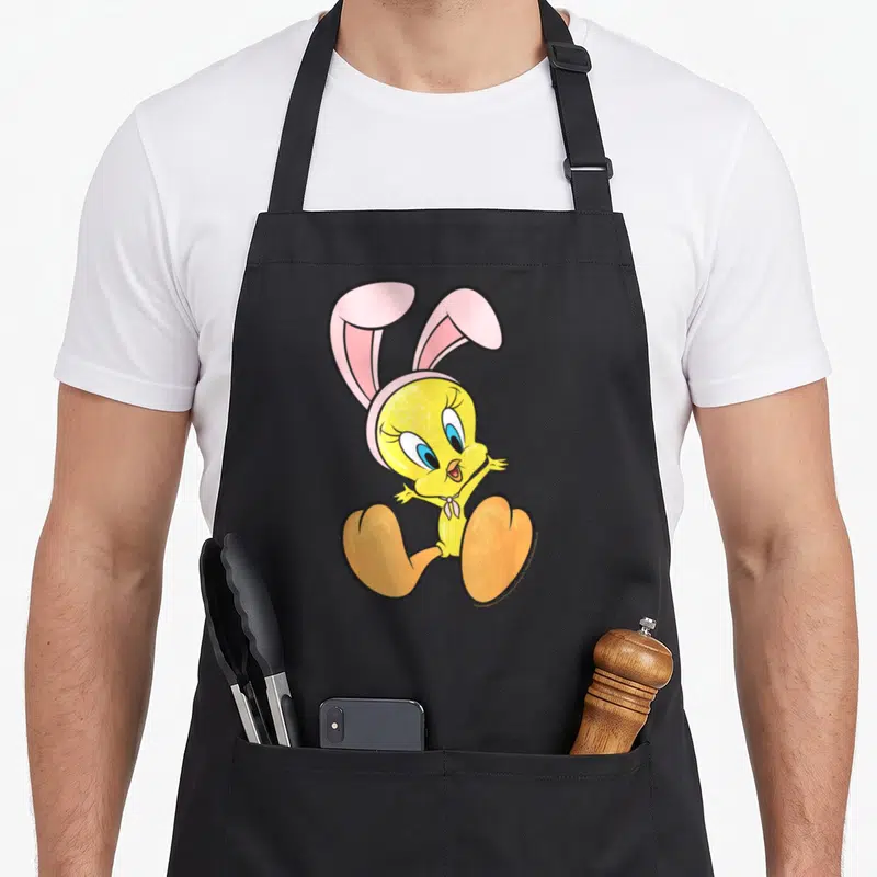Tablier de cuisine noir avec illustration de Tweety Pie Bunny Ears coiffé d'une perruque rose et aux grands yeux bleus.