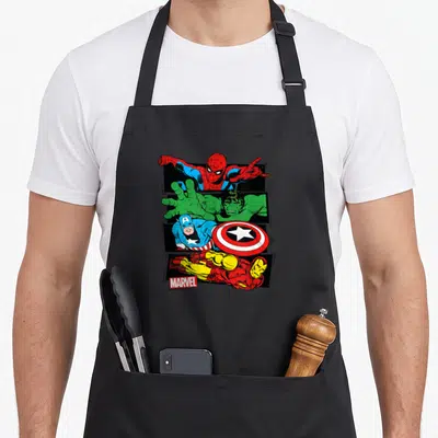 Tablier de cuisine noir avec Spider-Man, Hulk, Captain America et Iron Man en panels comics Marvel.