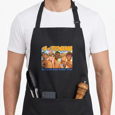 Tablier de cuisine noir avec illustration colorée du groupe 4 Town Breaking Free World Tour