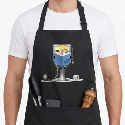 Tablier de cuisine noir avec un Minion attaché à une cuvette lisant un manuel bleu.