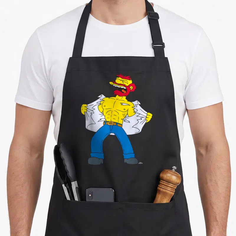 Tablier de cuisine noir avec Groundskeeper Willie se déchirant sa chemise blanche pour montrer ses muscles jaunes.