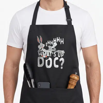 Tablier de cuisine noir avec Bugs Bunny allongé sur le texte What's up Doc Ehhh en blanc et gris.