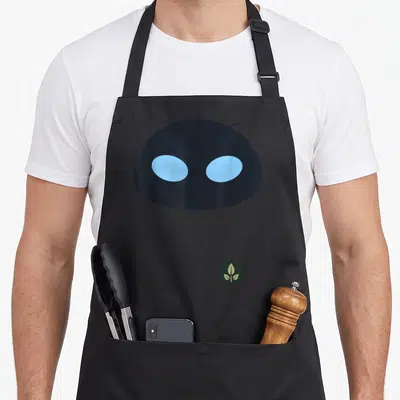 Tablier de cuisine noir avec deux grands yeux ovales bleu clair représentant le visage d'Eve, design minimaliste et géométrique.