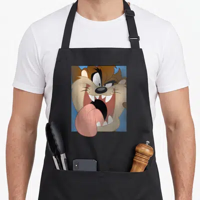 Tablier de cuisine noir avec le visage en gros plan du Tasmanien aux yeux fous et langue pendante sur fond bleu.