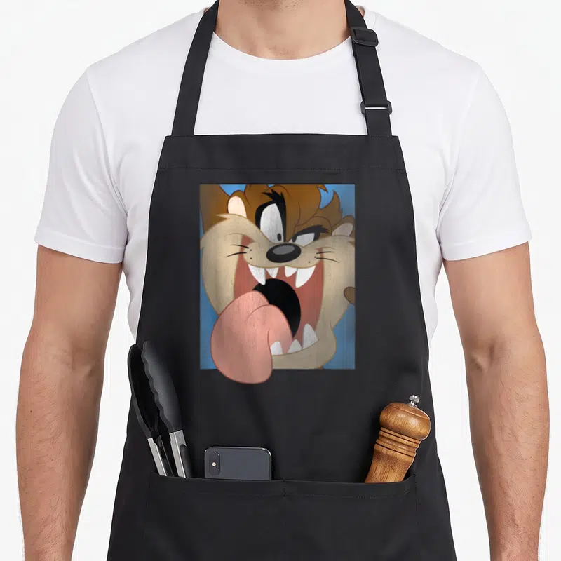 Tablier de cuisine noir avec le visage en gros plan du Tasmanien aux yeux fous et langue pendante sur fond bleu.