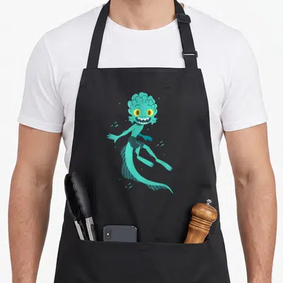 Tablier de cuisine noir avec illustration d'un merman turquoise aux yeux jaunes et sourire éclatant, nageant vers la droite.