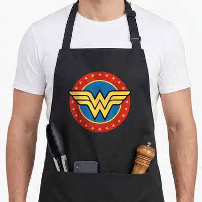 Tablier de cuisine noir avec le logo circulaire Wonder Woman aux couleurs vives et étoiles dorées.