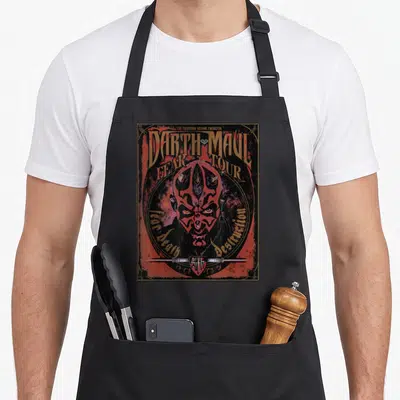 Tablier de cuisine noir avec illustration Darth MaulFear Tour Band et sabre laser rouge