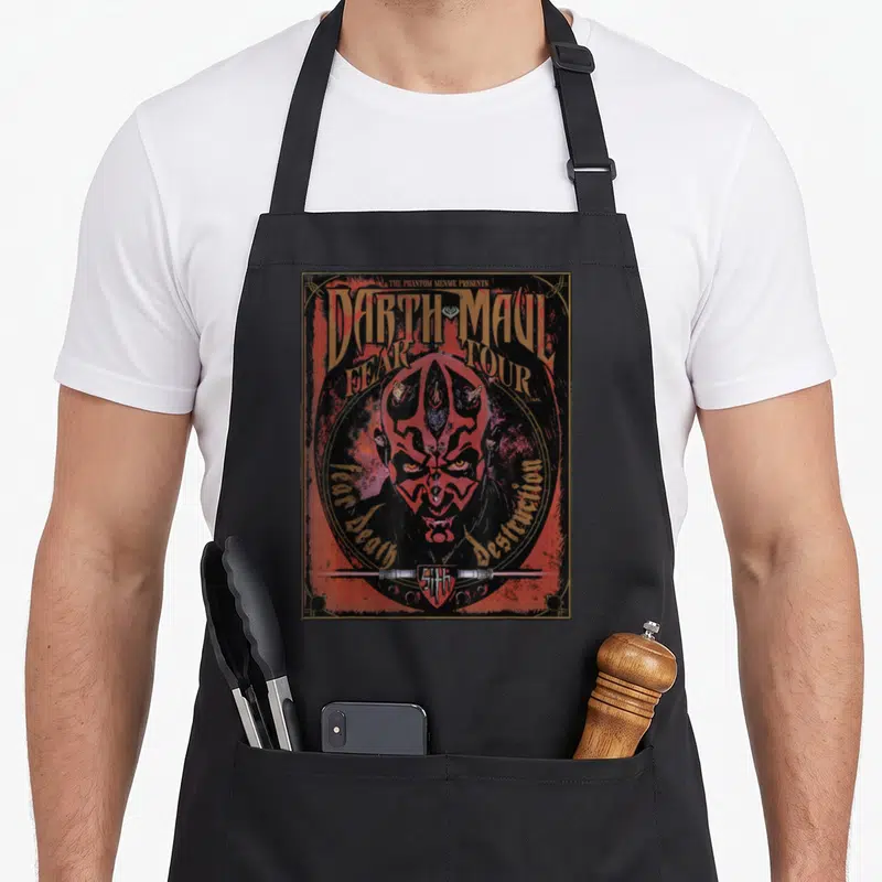 Tablier de cuisine noir avec illustration Darth MaulFear Tour Band et sabre laser rouge