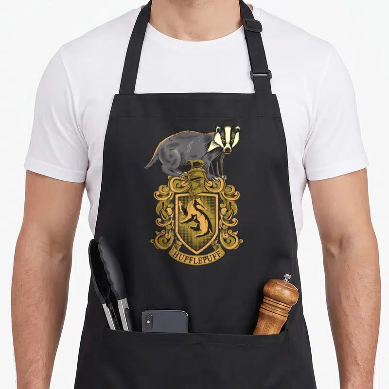 Tablier de cuisine noir avec illustration d'un badger sur un écu doré et l'inscription Hufflepuff