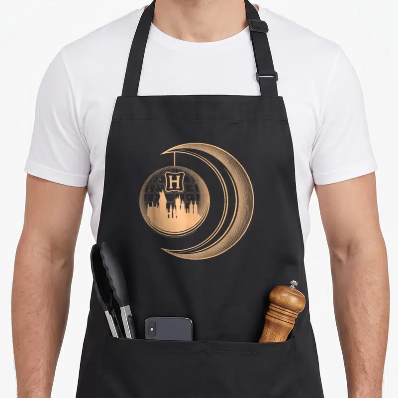 Tablier de cuisine noir avec un croissant de lune doré entourant un globe étoilé portant l'initiale H et le château.