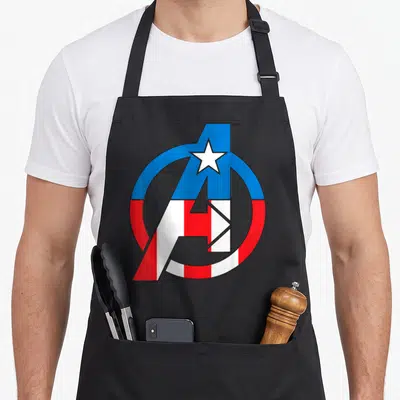 Tablier de cuisine noir avec le logo des Avengers aux couleurs rouge, blanc et bleu de Captain America.