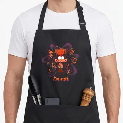 Tablier de cuisine noir avec une illustration orange et violette représentant un personnage aux cheveux échevelés et le texte I'M FINE en bas.