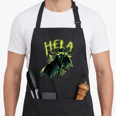 Tablier de cuisine noir avec illustration de Hela déesse de la mort et texte HELA vert lime