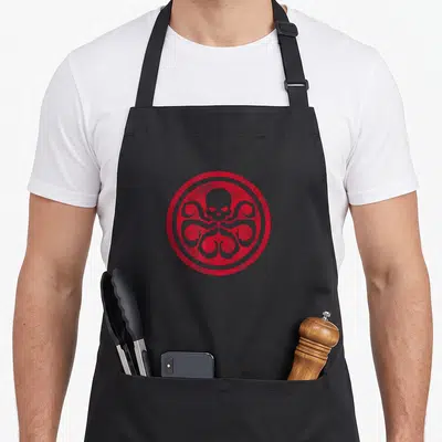 Tablier de cuisine noir avec le logo Hydra rouge représentant un crâne et des tentacules dans un cercle.