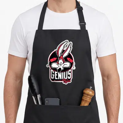 Tablier de cuisine noir avec illustration du coyote Genie Wile E Coyote et texte blanc.