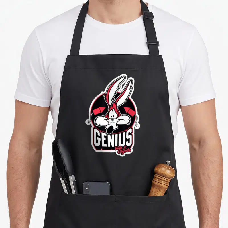 Tablier de cuisine noir avec illustration du coyote Genie Wile E Coyote et texte blanc.