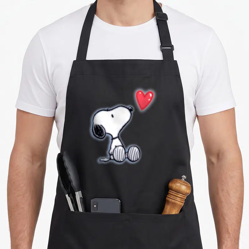 Tablier de cuisine noir avec Snoopy assis regardant un cœur rouge brillant.