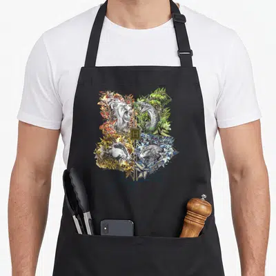 Tablier de cuisine noir avec emblème floral Hogwarts lion serpent blaireau aigle et signature manuscrite