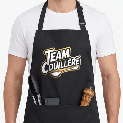 Tablier de cuisine noir avec logo Team Couillère en blanc, gris et or surmontant une cuillère argentée.