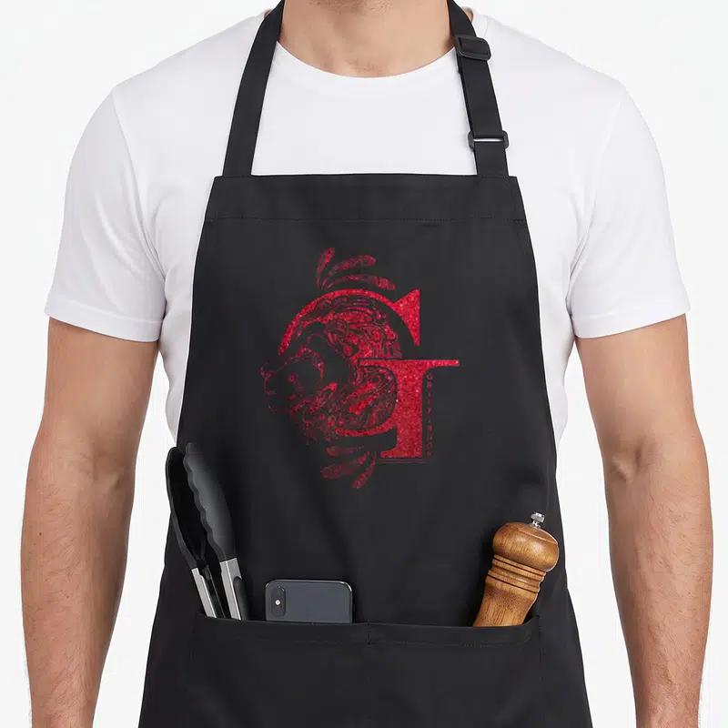 Tablier de cuisine noir avec un grand G rose pailleté intégrant un profil de lion et le mot Gryffindor vertical.