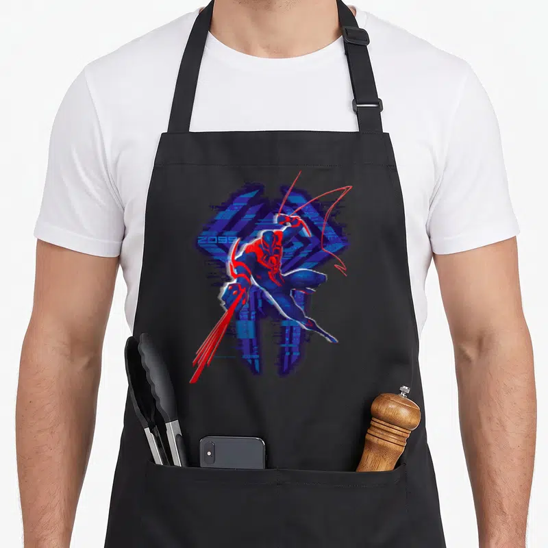 Tablier de cuisine noir avec Spider-Man 2099 en pose d'action sur fond glitch numérique bleu et rouge.