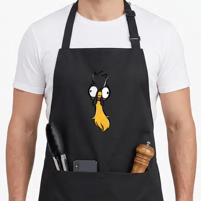 Tablier de cuisine noir avec le visage exagéré du coq Hei Hei aux grands yeux blancs.