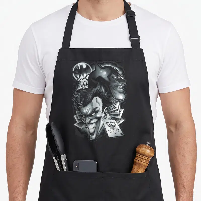 Tablier de cuisine noir avec une illustration grise de Batman et le Joker entourés de cartes à jouer.