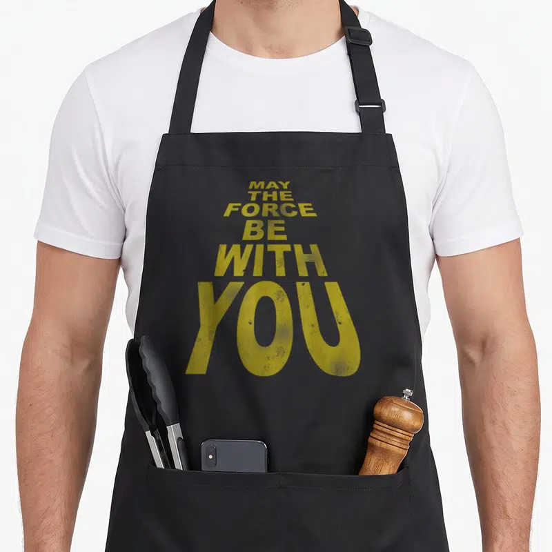 Tablier de cuisine noir avec inscription May The Force Be With You en lettres jaunes dorées et style vintage.