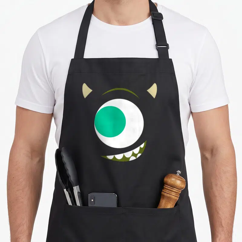 Tablier de cuisine noir avec un grand œil vert, des dents blanches et deux petites cornes jaunes imprimés au centre.