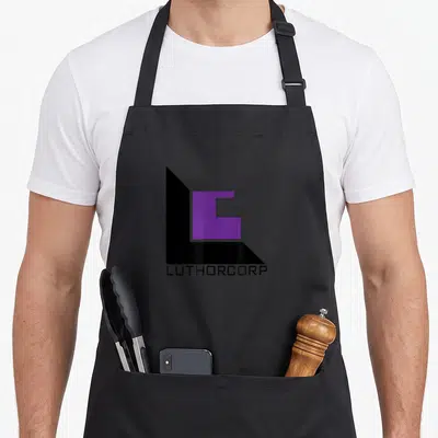 Tablier de cuisine noir avec le logo Luthorcorp noir et violet stylisé en forme de L et de C.
