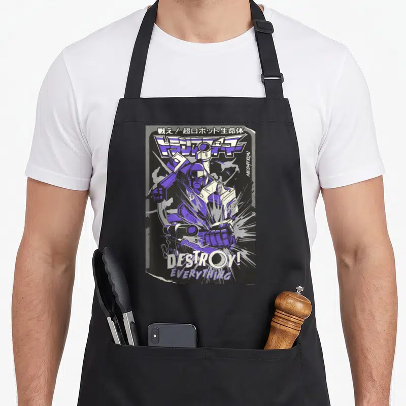 Tablier de cuisine noir avec illustration Megatron Destroy Everything et typographie style manga