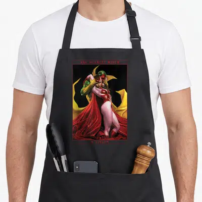 Tablier de cuisine noir avec une illustration colorée de The Scarlet Witch et Vision dans un style carte de séduction vintage.