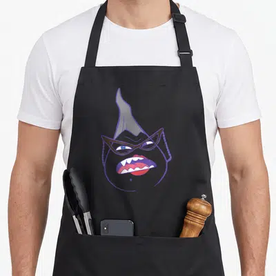 Tablier de cuisine noir avec illustration du visage de Roz aux lunettes noires et à l'expression sévère.