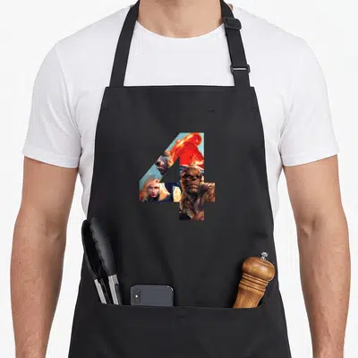Tablier de cuisine noir avec le chiffre 4 contenant les portraits des quatre super-héros en style illustration colorée.
