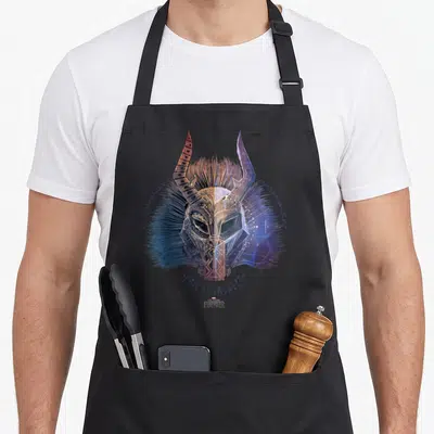 Tablier de cuisine noir avec le masque d'Erik Killmonger et l'inscription Black Panther en bas.