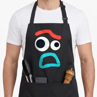 Tablier de cuisine noir avec le visage effarouché de Forky aux yeux inégaux et bouche bleue.