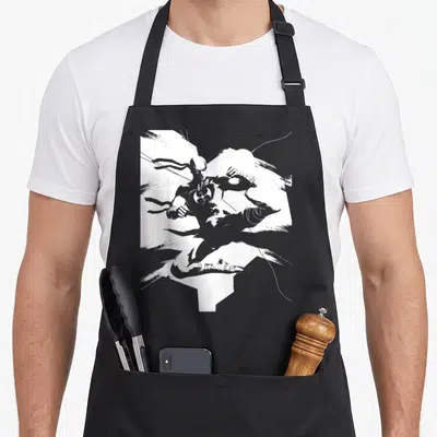 Tablier de cuisine noir avec illustration blanche d'un lutteur en position de kick dynamique et stylisé.