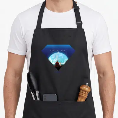 Tablier de cuisine noir avec illustration diamant superman krypto take me home earth shield vue planète