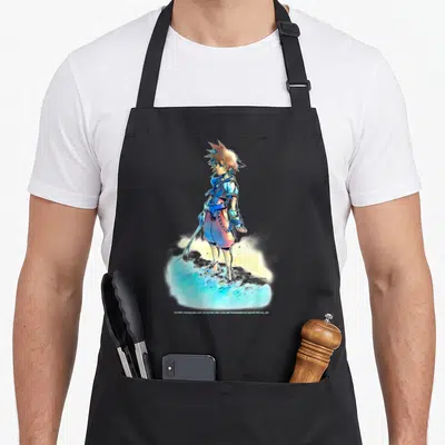 Tablier de cuisine noir avec illustration Sora Beach Sketch en aquarelle bleue et jaune sur fond uni.