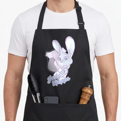 Tablier de cuisine noir avec portrait pastel de Judy Hopps et son insigne de police en arrière-plan.