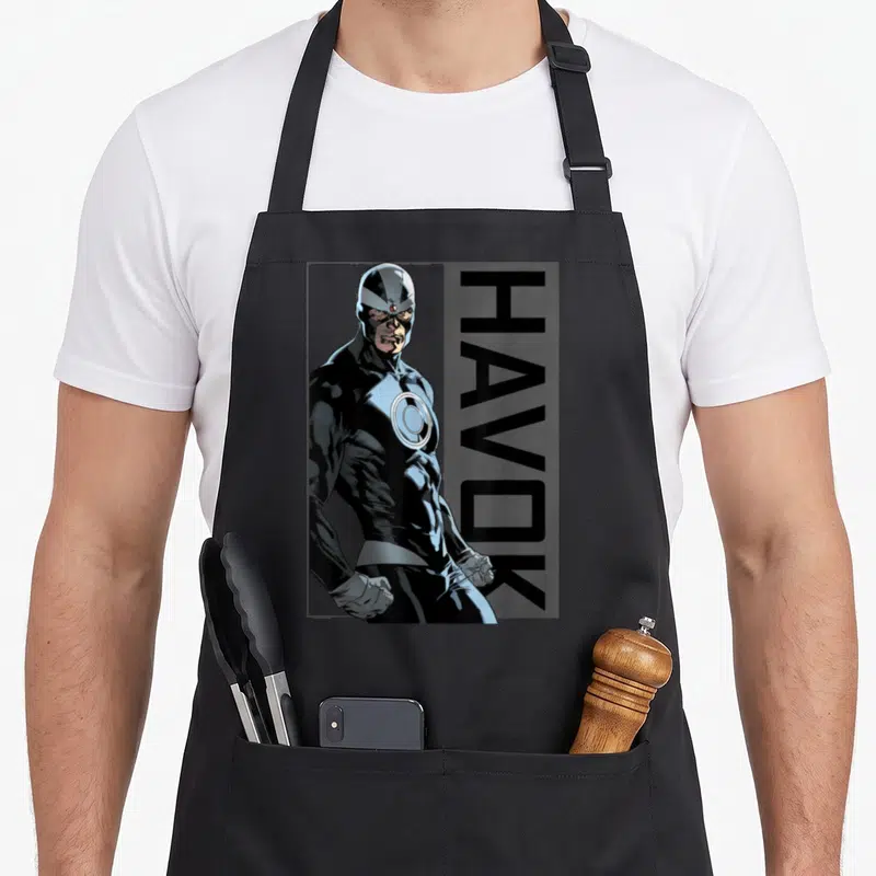 Tablier de cuisine noir avec illustration de Havok en costume noir et casque, nom HAVOK vertical.