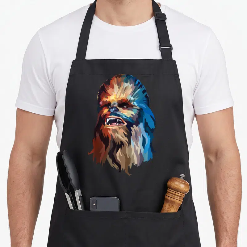 Tablier de cuisine noir avec portrait géométrique multicolore de Chewbacca aux teintes chaudes et froides.