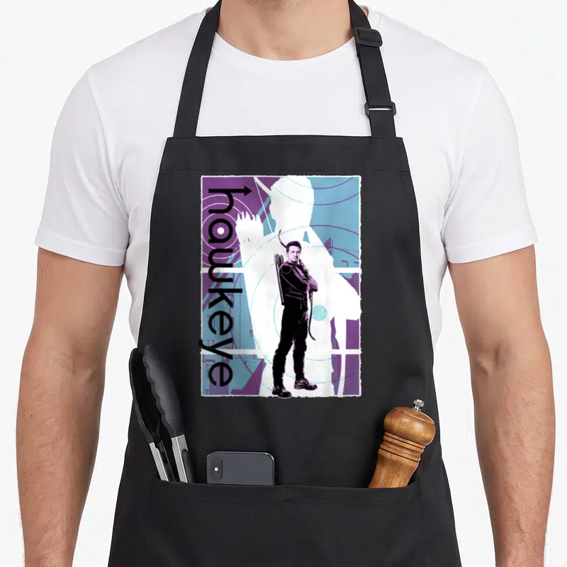 Tablier de cuisine noir avec illustration graphique Hawkeye Clint Barton en demi-teinte violette et bleue.